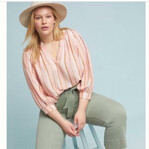 Anthropologie Maeve Brenda Top, Striped Pink Balloon Sleeve V-Neck Blouse, Small